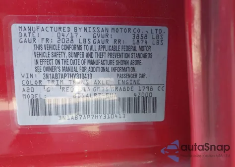 2017 Nissan Sentra Sr z USA, uszkodzony, nr VIN 3N1AB7AP7HY310413